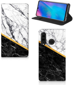 B2Ctelecom Huawei P30 Lite Uniek Standcase Hoesje Marble White Black