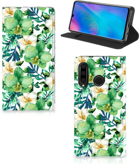 B2Ctelecom Huawei P30 Lite Uniek Standcase Hoesje Orchidee Groen