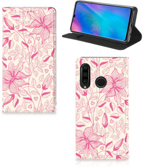 B2Ctelecom Huawei P30 Lite Uniek Standcase Hoesje Pink Flowers