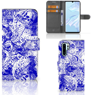 B2Ctelecom Huawei P30 Pro Uniek Boekhoesje Angel Skull Blue