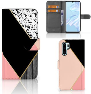 B2Ctelecom Huawei P30 Pro Uniek Boekhoesje Black Pink Shapes