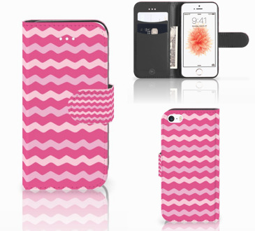 B2Ctelecom iPhone SE Wallet Case met ruimte voor Pasjes Waves Pink