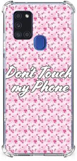 B2Ctelecom Leuk TPU Backcase Samsung Galaxy A21s Smartphone hoesje met doorzichtige rand Flowers Pink Don't Touch My Phone