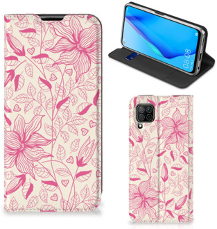 B2Ctelecom Magnet Case Huawei P40 Lite Telefoon Hoesje Roze Bloemen