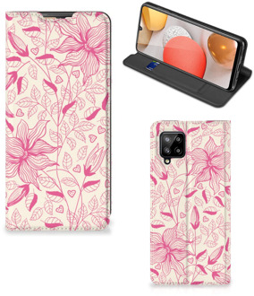 B2Ctelecom Magnet Case Samsung Galaxy A42 Telefoon Hoesje Roze Bloemen