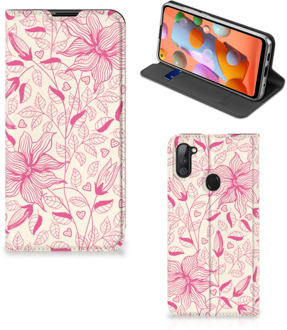 B2Ctelecom Magnet Case Samsung Galaxy M11 | A11 Telefoon Hoesje Roze Bloemen