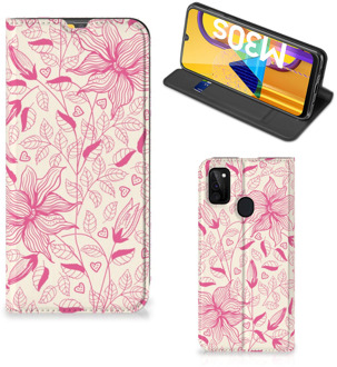 B2Ctelecom Magnet Case Samsung Galaxy M21 Telefoon Hoesje Roze Bloemen