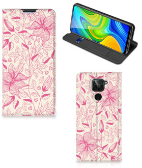 B2Ctelecom Magnet Case Xiaomi Redmi Note 9 Telefoon Hoesje Roze Bloemen