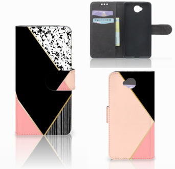 B2Ctelecom Microsoft Lumia 650 Uniek Wallet Book Case Hoesje Black Pink Shapes