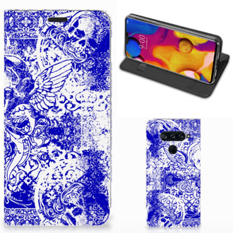 B2Ctelecom Mobiel BookCase LG V40 Thinq Angel Skull Blue