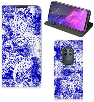 B2Ctelecom Mobiel BookCase Motorola One Zoom Angel Skull Blue