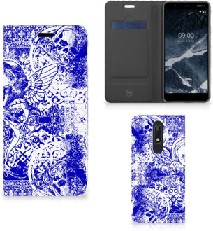 B2Ctelecom Mobiel BookCase Nokia 5.1 (2018) Angel Skull Blue