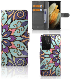 B2Ctelecom Mobiel Bookcase Samsung Galaxy S21 Ultra Smartphone Hoesje Purple Flower