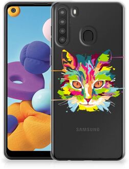 B2Ctelecom Mobiel Case Samsung Galaxy A21 GSM Hoesje Doorzichtig Cat Color