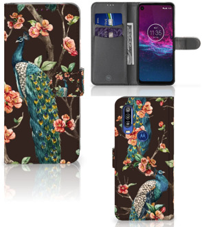 B2Ctelecom Motorola One Action Telefoonhoesje met Pasjes Pauw met Bloemen