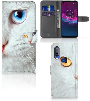 B2Ctelecom Motorola One Action Telefoonhoesje met Pasjes Witte Kat