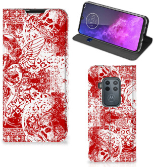 B2Ctelecom Motorola One Zoom Mobiel BookCase Angel Skull Red