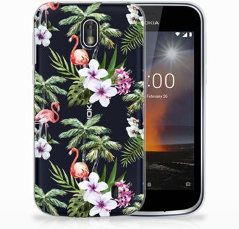 B2Ctelecom Nokia 1 Uniek Design TPU Hoesje Flamingo en Bloemen