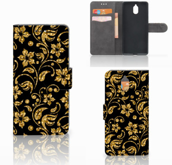 B2Ctelecom Nokia 3.1 (2018) Bookcase Hoesje Design Gouden Bloemen