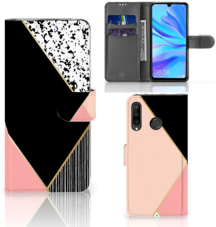 B2Ctelecom Portemonnee hoesje Huawei P30 Lite Black Pink Shapes