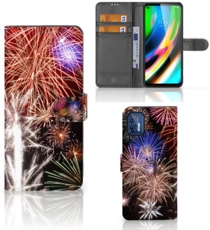 B2Ctelecom Portemonnee Hoesje Motorola Moto G9 Plus Smartphone Hoesje Kerstcadeau Vuurwerk