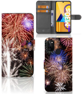 B2Ctelecom Portemonnee hoesje Samsung Galaxy M21 Smartphone Hoesje Kerstcadeau Vuurwerk