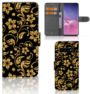 B2Ctelecom Samsung Galaxy S10 Hoesje Bookcase Gouden Bloemen