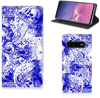 B2Ctelecom Samsung Galaxy S10 Uniek Standcase Hoesje Angel Skull Blue