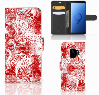 B2Ctelecom Samsung Galaxy S9 Wallet Book Case Hoesje Design Angel Skull Red