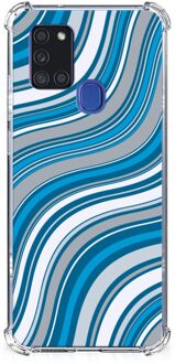 B2Ctelecom Shockproof Case Samsung Galaxy A21s Telefoon Hoesje met doorzichtige rand Golven Blauw