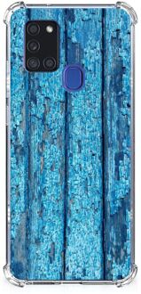 B2Ctelecom Shockproof Case Samsung Galaxy A21s Telefoonhoesje  met doorzichtige rand Wood Blue