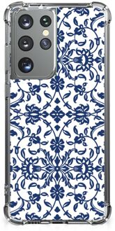 B2Ctelecom Shockproof Case Samsung Galaxy S21 Ultra Silicone Back Case met transparante rand Flower Blue