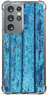 B2Ctelecom Shockproof Case Samsung Galaxy S21 Ultra Telefoonhoesje  met doorzichtige rand Wood Blue