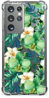 B2Ctelecom Silicone Hoesje Samsung Galaxy S21 Ultra Telefoon Hoesje met doorzichtige rand Orchidee Groen