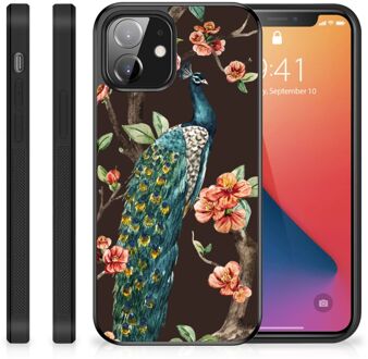 B2Ctelecom Siliconen Back Cover iPhone 12 Mini Telefoon Hoesje met Zwarte rand Pauw met Bloemen