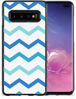 B2Ctelecom Siliconen Back Cover Samsung Galaxy S10+ Telefoon Hoesje met Zwarte rand Zigzag Blauw