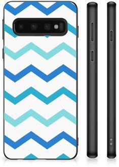 B2Ctelecom Siliconen Back Cover Samsung Galaxy S10 Telefoon Hoesje met Zwarte rand Zigzag Blauw