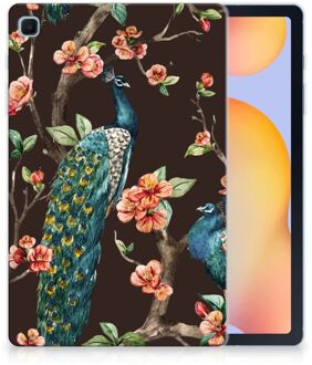 B2Ctelecom Siliconen Hoesje met foto Samsung Galaxy Tab S6 Lite Tablet Cover Pauw met Bloemen met doorzichte zijkanten