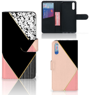 B2Ctelecom Smartphone Hoesje Huawei P20 Wallet Book Case Black Pink Shapes