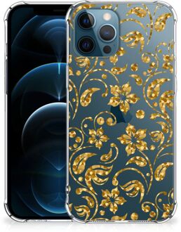 B2Ctelecom Smartphone hoesje iPhone 12 | 12 Pro Hoesje Bumper met transparante rand Gouden Bloemen