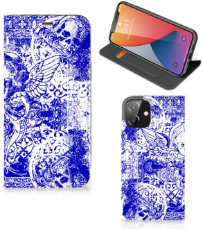 B2Ctelecom Smartphone Hoesje iPhone 12 | iPhone 12 Pro Book Style Case Angel Skull Blue