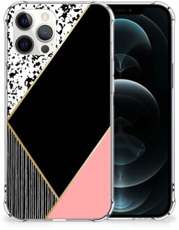 B2Ctelecom Smartphone hoesje iPhone 12 Pro Max TPU Silicone Hoesje met transparante rand Black Pink Shapes