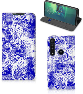 B2Ctelecom Smartphone Hoesje Motorola G8 Plus Book Style Case Angel Skull Blue