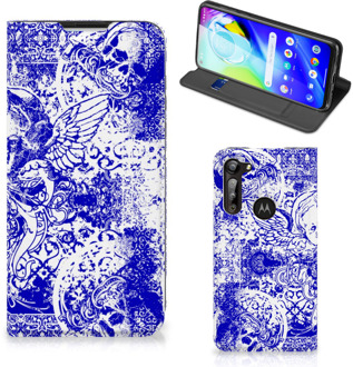 B2Ctelecom Smartphone Hoesje Motorola Moto G8 Power Book Style Case Angel Skull Blue