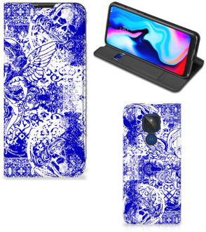 B2Ctelecom Smartphone Hoesje Motorola Moto G9 Play Book Style Case Angel Skull Blue