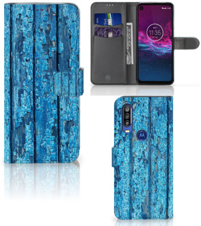 B2Ctelecom Smartphone Hoesje Motorola One Action Book Style Case Blauw Wood