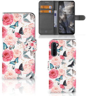 B2Ctelecom Smartphone Hoesje OnePlus Nord Flipcase Cadeautjes voor Moederdag Butterfly Roses