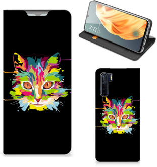 B2Ctelecom Smartphone Hoesje OPPO Reno3 | A91 Wallet Case Leuke Verjaardagscadeaus Cat Color