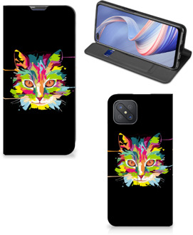 B2Ctelecom Smartphone Hoesje OPPO Reno4 Z 5G Wallet Case Leuke Verjaardagscadeaus Cat Color