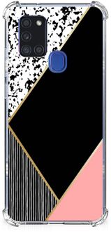 B2Ctelecom Smartphone hoesje Samsung Galaxy A21s TPU Silicone Hoesje met transparante rand Black Pink Shapes